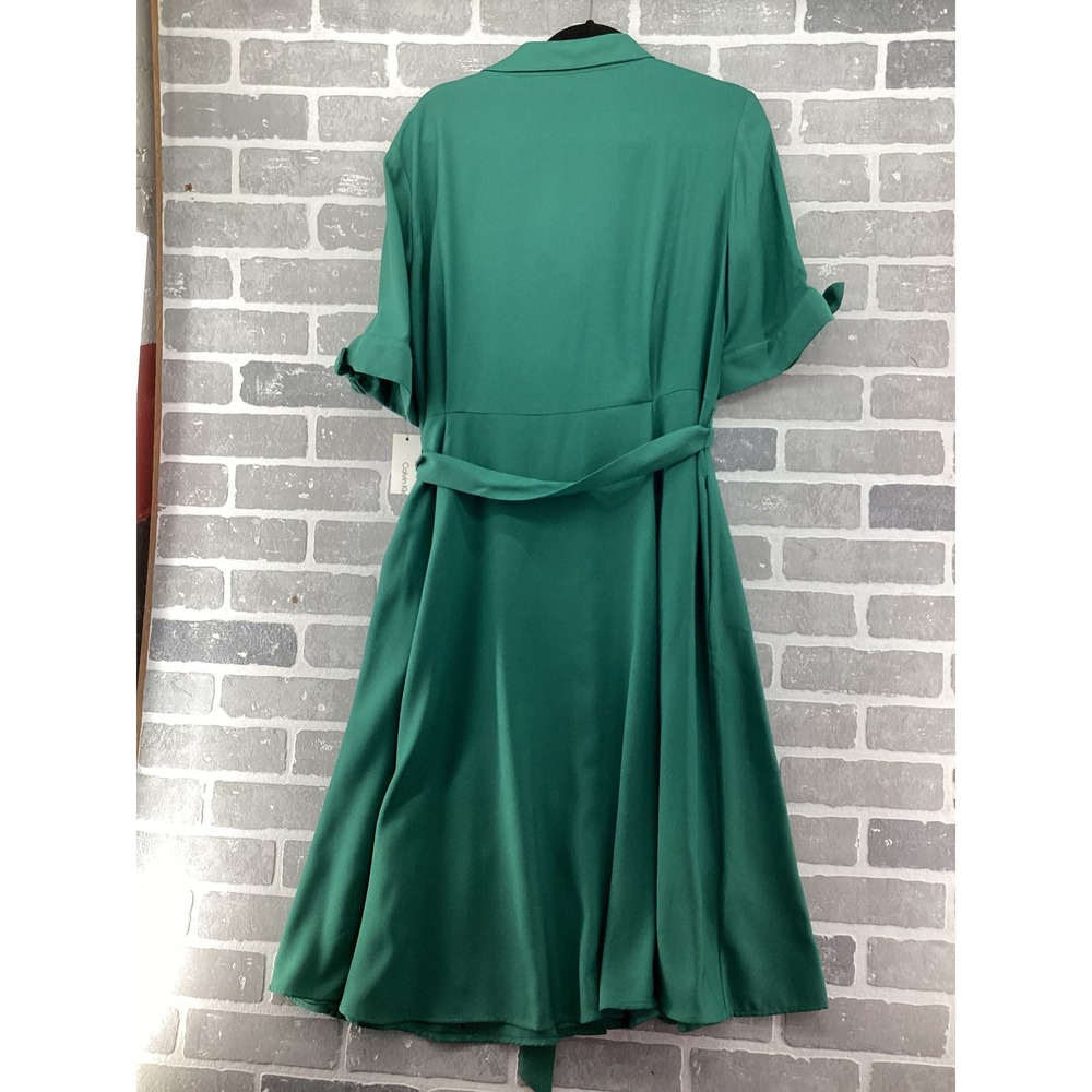 Calvin Klein Emerald Green Short Sleeve Bow Detail Belted Shirt Dress Size 16 - Picture 4 of 5